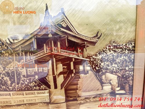 Tranh Chùa Một Cột Bằng Đồng Làm Nền Xước KT 54x74cm