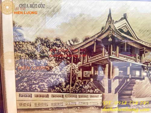 Tranh Chùa Một Cột Bằng Đồng Làm Nền Xước KT 54x74cm