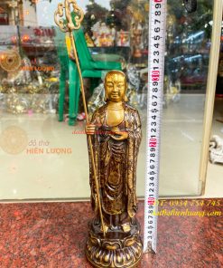 Tượng Địa Tạng Vương Bồ Tát Đứng Cao 30cm Bằng Đồng Vẽ Gấm