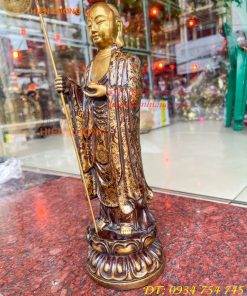 Tượng Địa Tạng Vương Bồ Tát Đứng Cao 30cm Bằng Đồng Vẽ Gấm