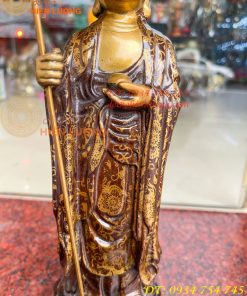 Tượng Địa Tạng Vương Bồ Tát Đứng Cao 30cm Bằng Đồng Vẽ Gấm