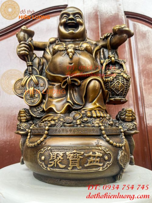 Tượng Di Lặc Đứng Gánh Tiền Bằng Đồng Hun Cao 30cm