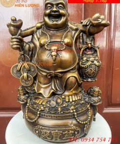 Tượng Di Lặc Đứng Gánh Tiền Bằng Đồng Hun Cao 30cm
