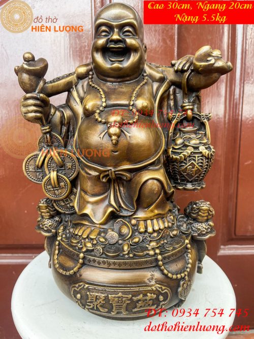 Tượng Di Lặc Đứng Gánh Tiền Bằng Đồng Hun Cao 30cm