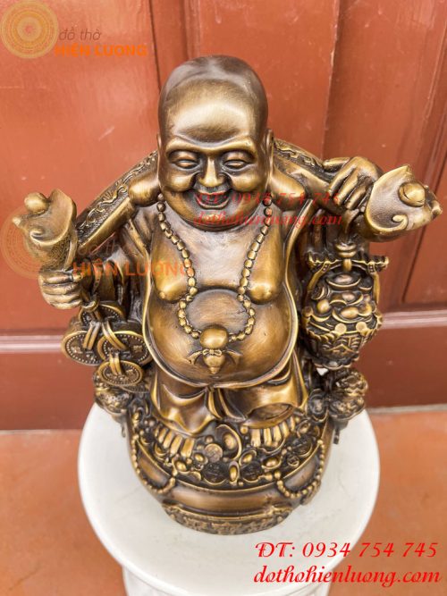 Tượng Di Lặc Đứng Gánh Tiền Bằng Đồng Hun Cao 30cm