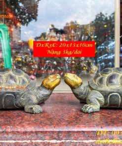 Đôi Tượng Rùa Bằng Đồng Màu Xanh Phong Thủy Dài 20cm