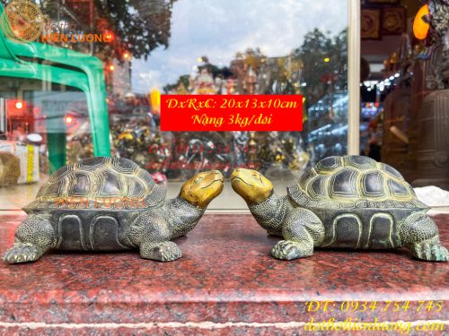 Đôi Tượng Rùa Bằng Đồng Màu Xanh Phong Thủy Dài 20cm
