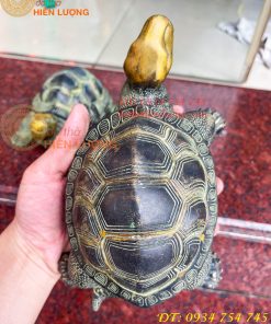 Đôi Tượng Rùa Bằng Đồng Màu Xanh Phong Thủy Dài 20cm