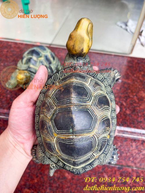 Đôi Tượng Rùa Bằng Đồng Màu Xanh Phong Thủy Dài 20cm