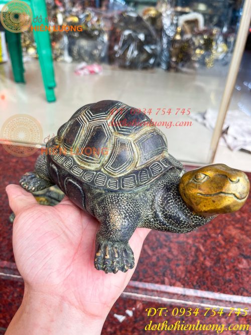 Đôi Tượng Rùa Bằng Đồng Màu Xanh Phong Thủy Dài 20cm