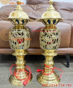 Đôi Đèn Hoa Sen Hình Quả Dứa Bằng Đồng Cao 55cm Thờ Cúng