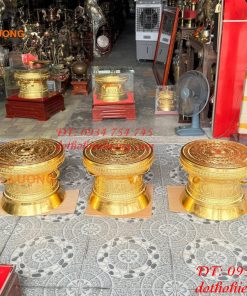 Quả Trống Đồng Đỏ 50cm Dát Vàng Kèm Đế Gỗ