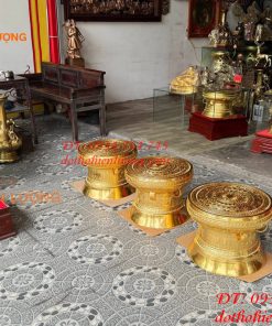 Quả Trống Đồng Đỏ 50cm Dát Vàng Kèm Đế Gỗ