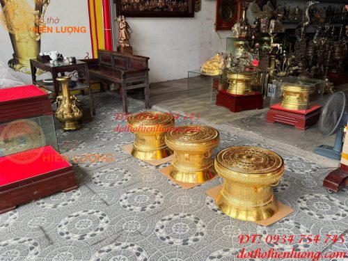 Quả Trống Đồng Đỏ 50cm Dát Vàng Kèm Đế Gỗ