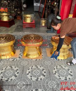 Quả Trống Đồng Đỏ 50cm Dát Vàng Kèm Đế Gỗ