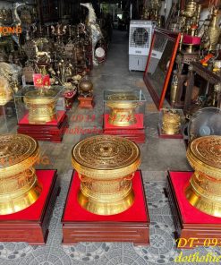 Quả Trống Đồng Đỏ 50cm Dát Vàng Kèm Đế Gỗ