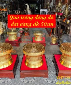Quả Trống Đồng Đỏ 50cm Dát Vàng Kèm Đế Gỗ