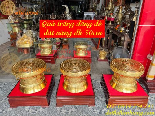 Quả Trống Đồng Đỏ 50cm Dát Vàng Kèm Đế Gỗ