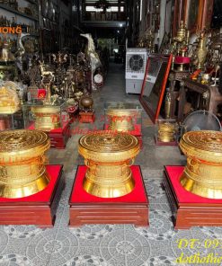 Quả Trống Đồng Đỏ 50cm Dát Vàng Kèm Đế Gỗ