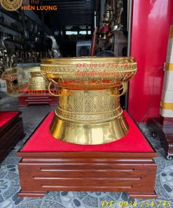 Quả Trống Đồng Đỏ 50cm Dát Vàng Kèm Đế Gỗ