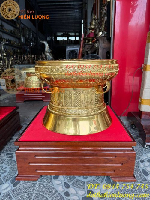 Quả Trống Đồng Đỏ 50cm Dát Vàng Kèm Đế Gỗ