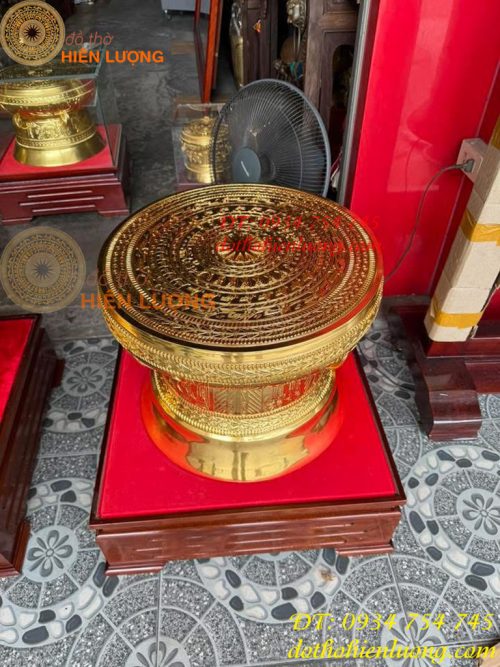 Quả Trống Đồng Đỏ 50cm Dát Vàng Kèm Đế Gỗ