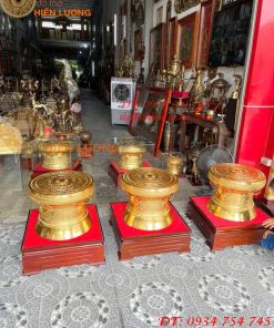 Quả Trống Đồng Đỏ 50cm Dát Vàng Kèm Đế Gỗ