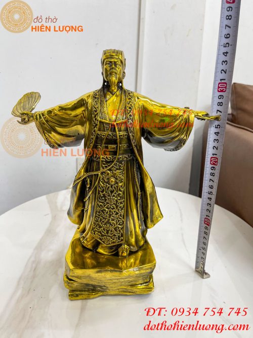 Tượng Khổng Minh Cao 35cm Đứng Đón Gió Bằng Đồng Vàng