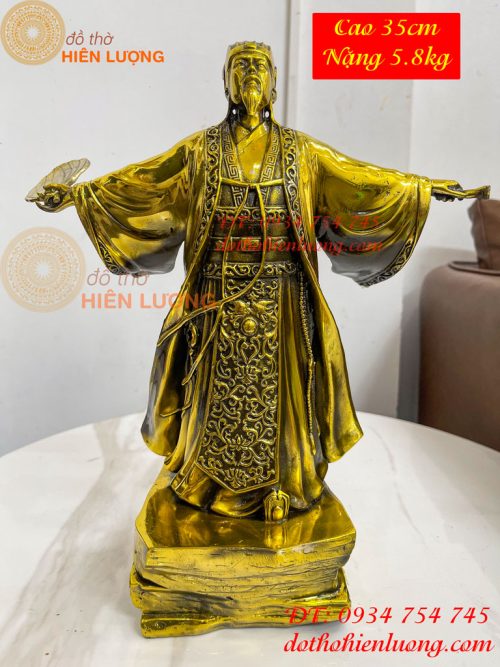 Tượng Khổng Minh Cao 35cm Đứng Đón Gió Bằng Đồng Vàng