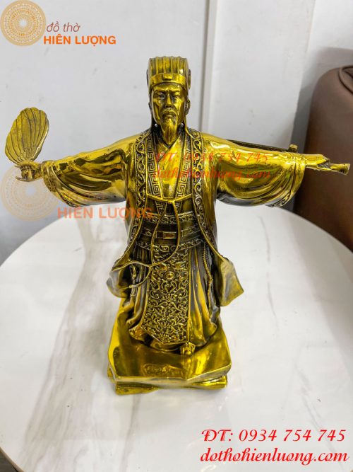 Tượng Khổng Minh Cao 35cm Đứng Đón Gió Bằng Đồng Vàng