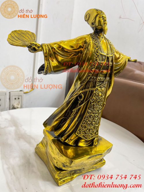 Tượng Khổng Minh Cao 35cm Đứng Đón Gió Bằng Đồng Vàng