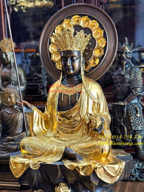 Tượng Địa Tạng Bằng Đồng Dát Điểm Vàng Cao 43cm