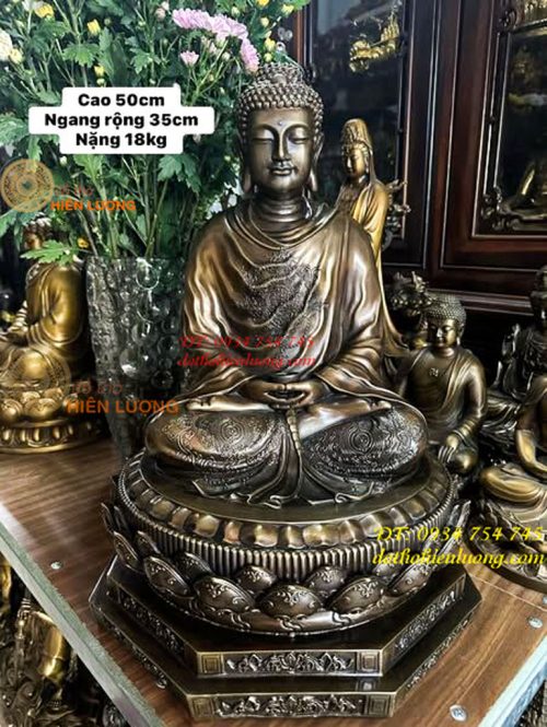 Tượng Phật Thích Ca Cao 47cm Bằng Đồng Hun Bệ Bát Giác