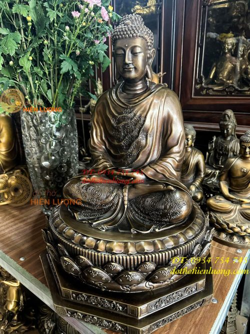 Tượng Phật Thích Ca Cao 47cm Bằng Đồng Hun Bệ Bát Giác