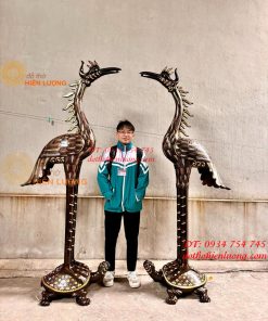 Đôi Hạc Bằng Đồng Đỏ Khảm Tam Khí