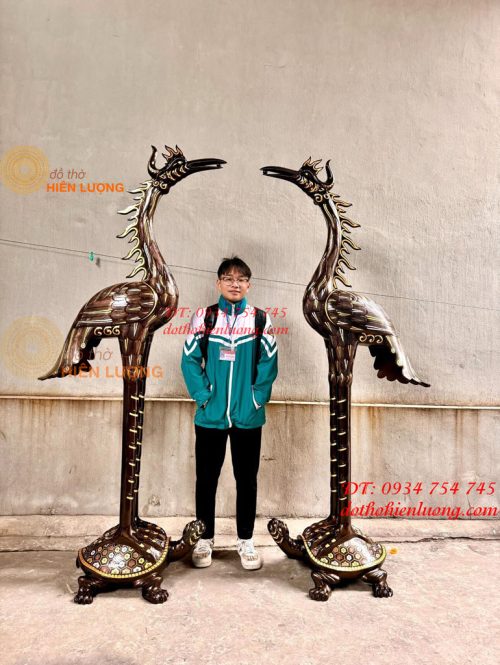 Đôi Hạc Bằng Đồng Đỏ Khảm Tam Khí