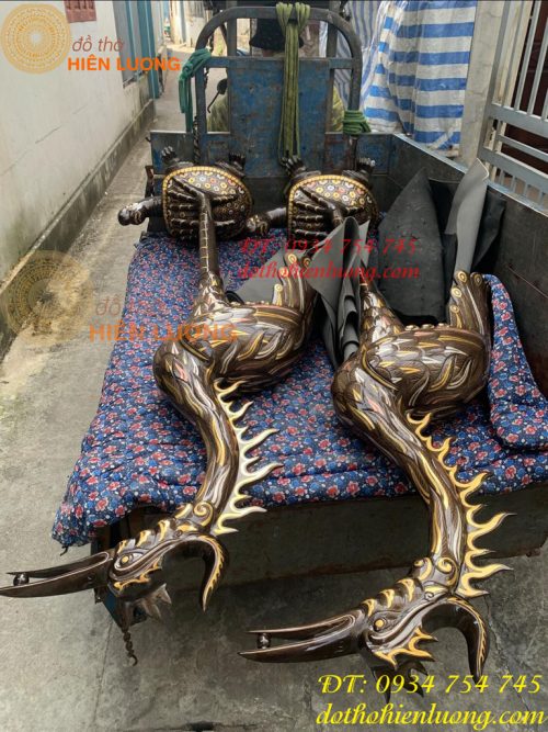 Đôi Hạc Bằng Đồng Đỏ Khảm Tam Khí
