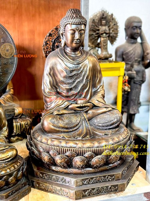 Tượng Phật Thích Ca Cao 47cm Bằng Đồng Hun Bệ Bát Giác