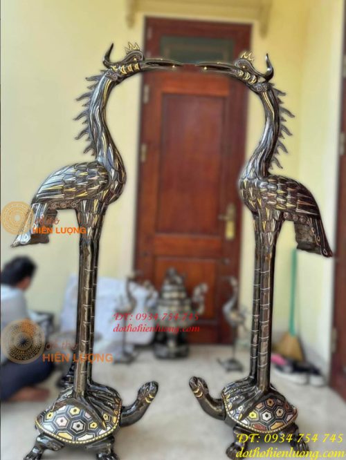 Đôi Hạc Bằng Đồng Đỏ Khảm Tam Khí