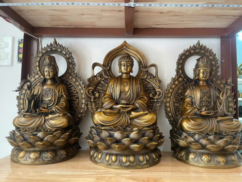 Bộ Tượng Tam Thánh Ngồi Bằng Đồng Cao 42cm Có Lá Đề