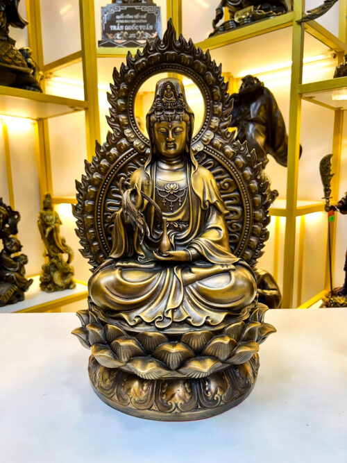Tượng Phật Bà Quan Âm Lá Đề Cao 42cm Bằng Đồng Hun