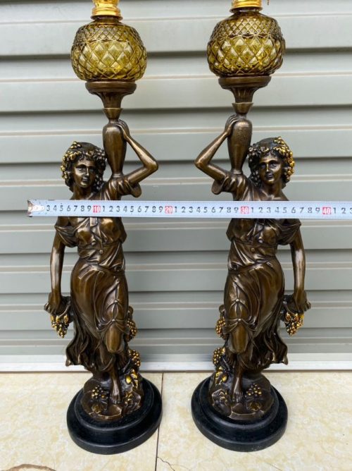 Cặp Chân Đèn Cô Gái Châu Âu Bằng Đồng Cao 76cm