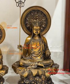Tượng Địa Tạng Ngồi Bệ Sen Đá Hào Quang Bằng Đồng Hun