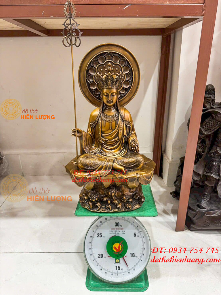 Tượng Địa Tạng Ngồi Bệ Sen Đá Hào Quang Bằng Đồng Hun