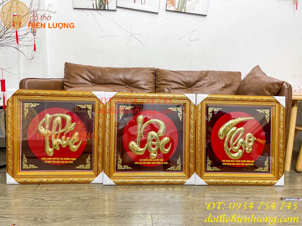 Bộ tranh chữ Phúc Lộc Thọ bằng đồng 60x60cm nhìn chính diện